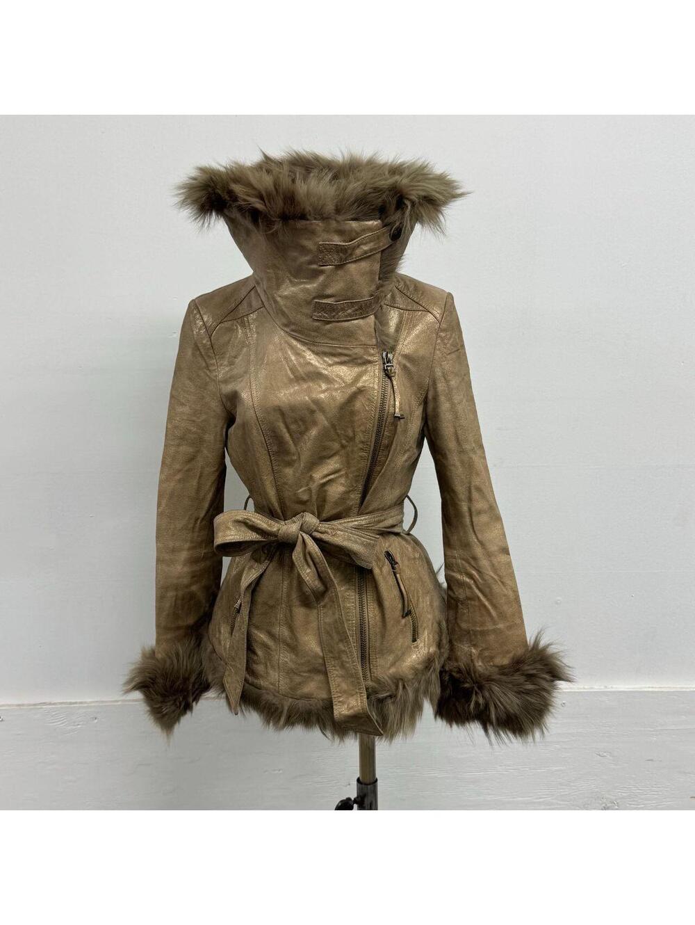 Vintage VERO MODA Metallic Leather Funnel-Neck Fox Fur Trimmed Jacket